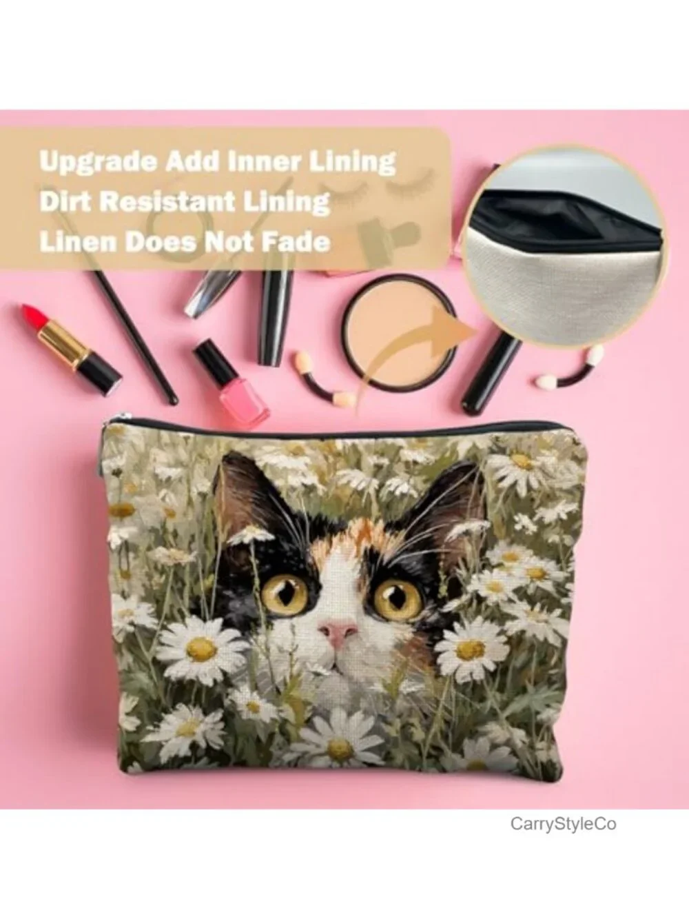 Cat Floral Makeup Bag for Women, Linen Travel Toiletry Pouch Zipper